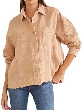 Forever 21 Gauze Cotton Button Up Shirt Jacket Raw Hem Cropped Tan Size S